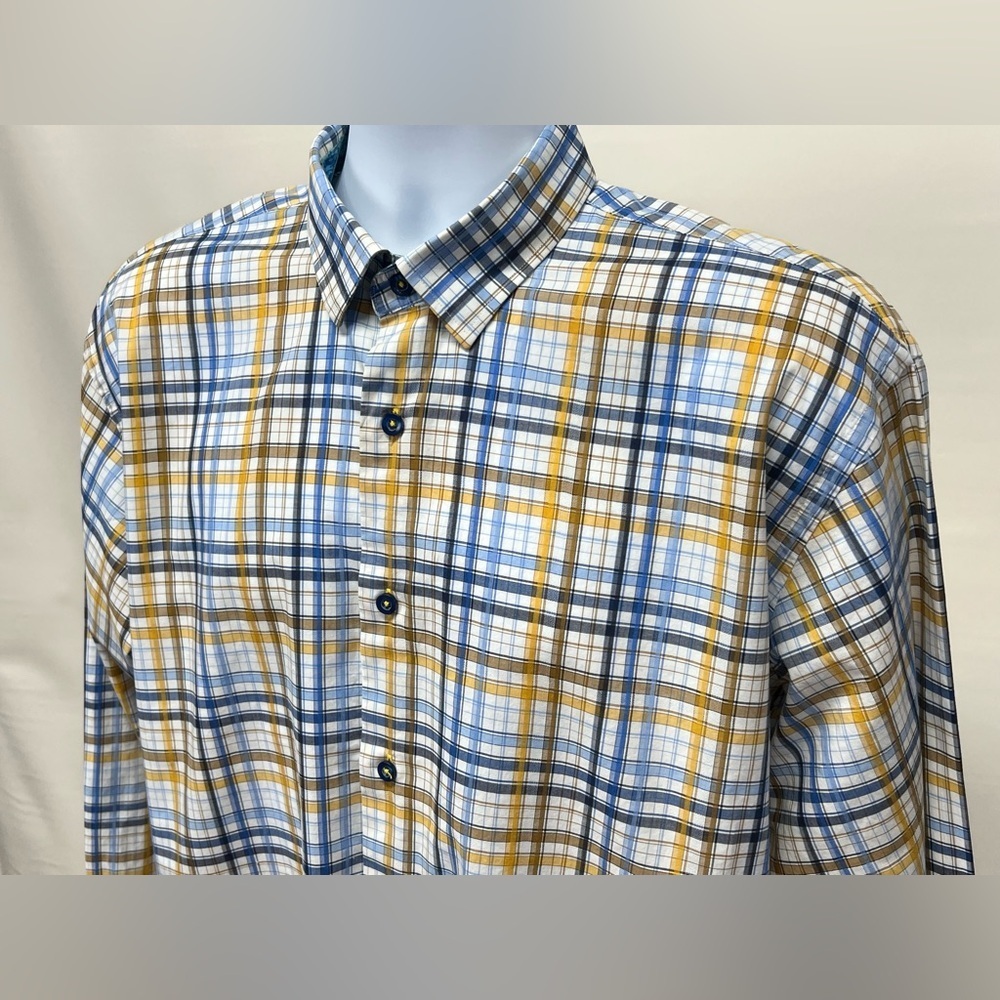 LUCHIANO VISCONTI Blue and yellow plaid contrast cuff dress shirt size L